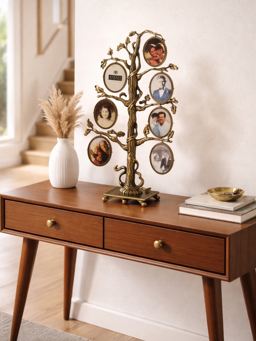Brass-Tone Family Tree Photo Frame Stand Holds 14 photos MCM